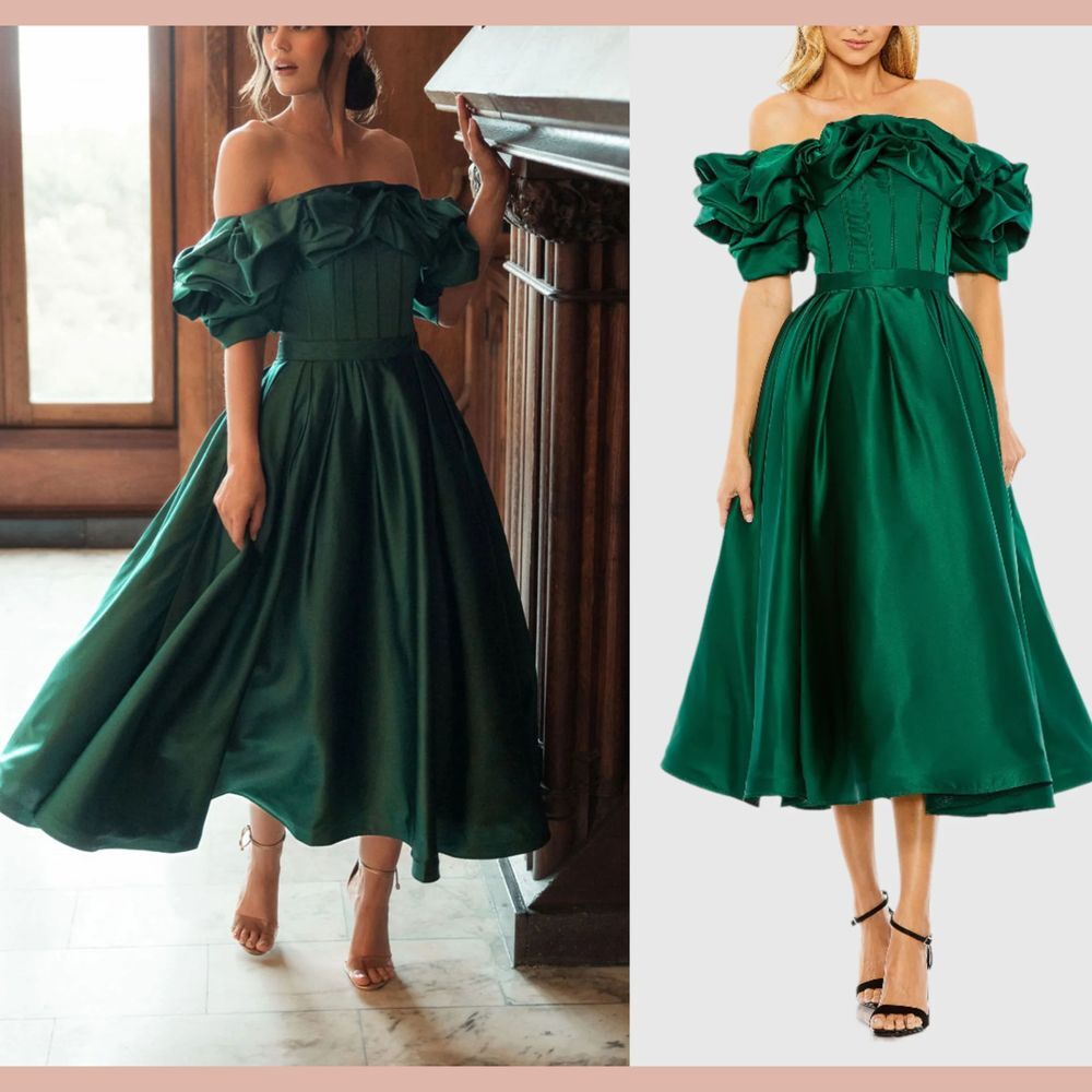 NWT Mac Duggal [ 6 ] 20706‎ Off The Shoulder Tea Length Dress Emerald Green Midi
